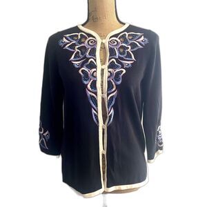 Bob Mackie Wearable Art Floral Beaded Cardigan Black Button Size XS